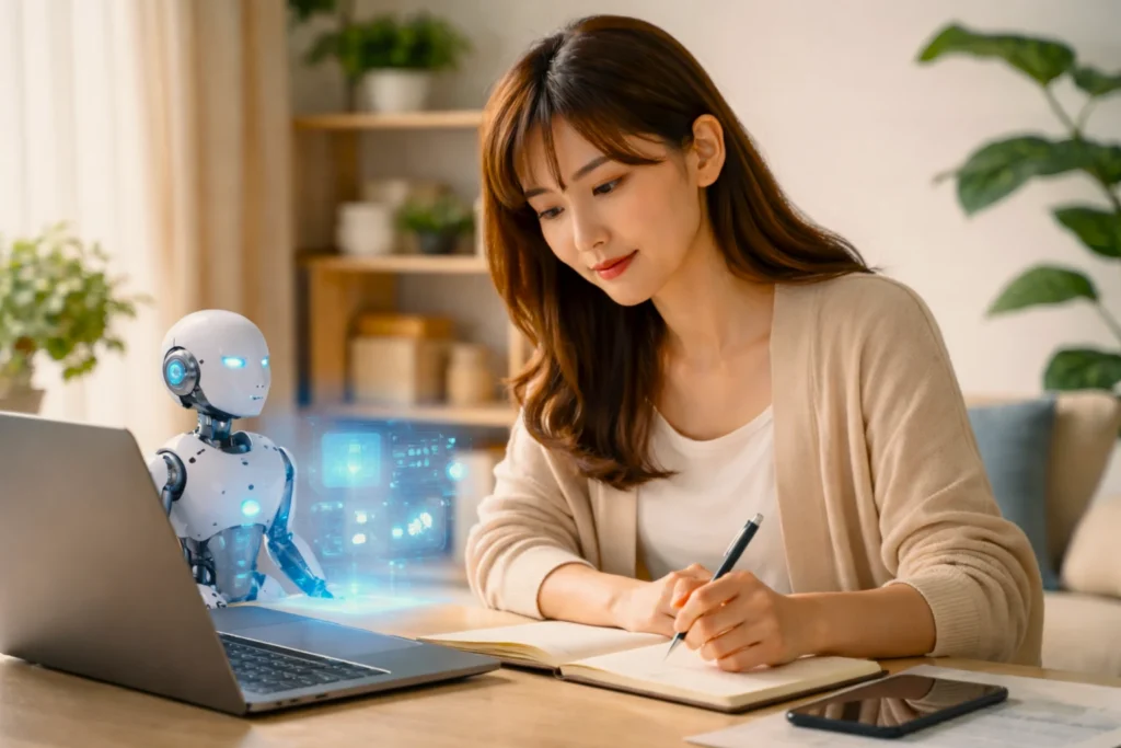 AI学習のロードマップを実践する、日本人女性とAIロボットのイメージ