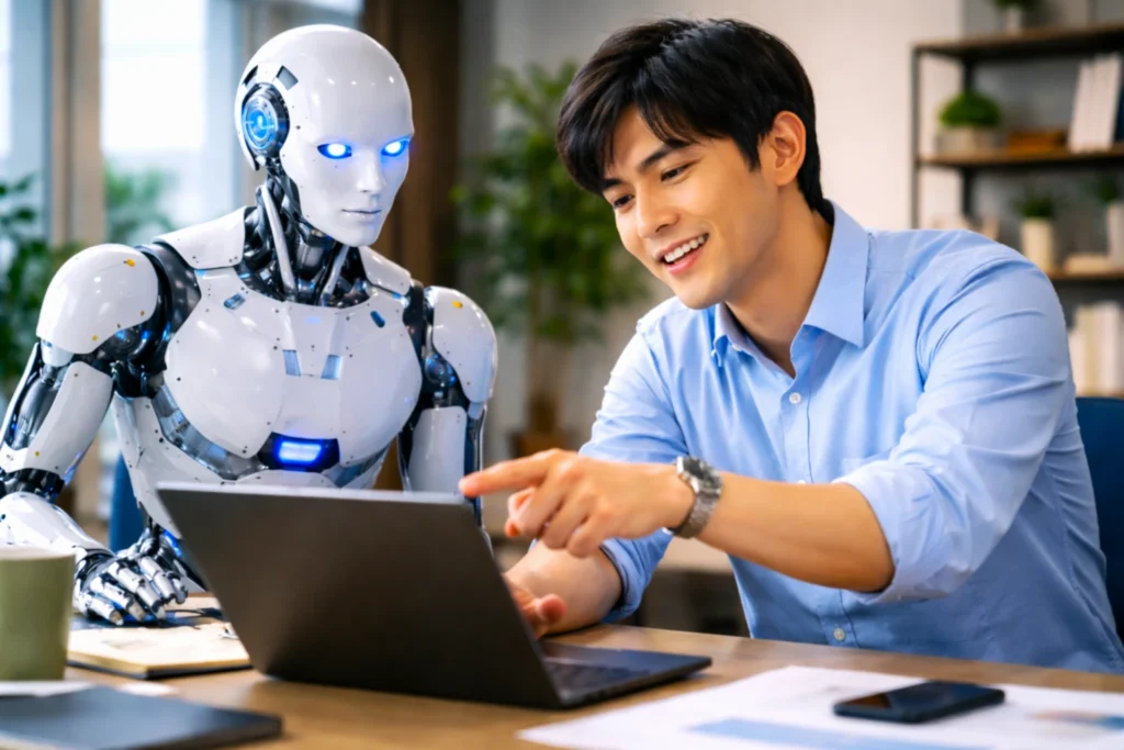 AIを活用しながら実践的にスキルを伸ばす日本人ビジネスパーソンのイメージ