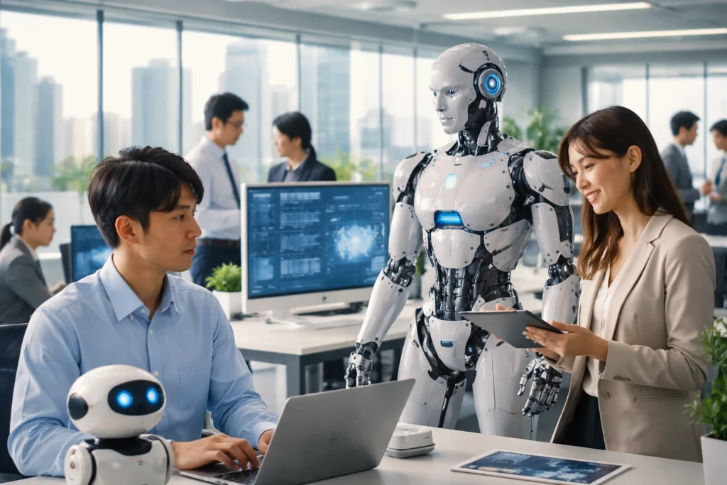 職場で日本人スタッフと人型AIロボットが自然に協働している様子