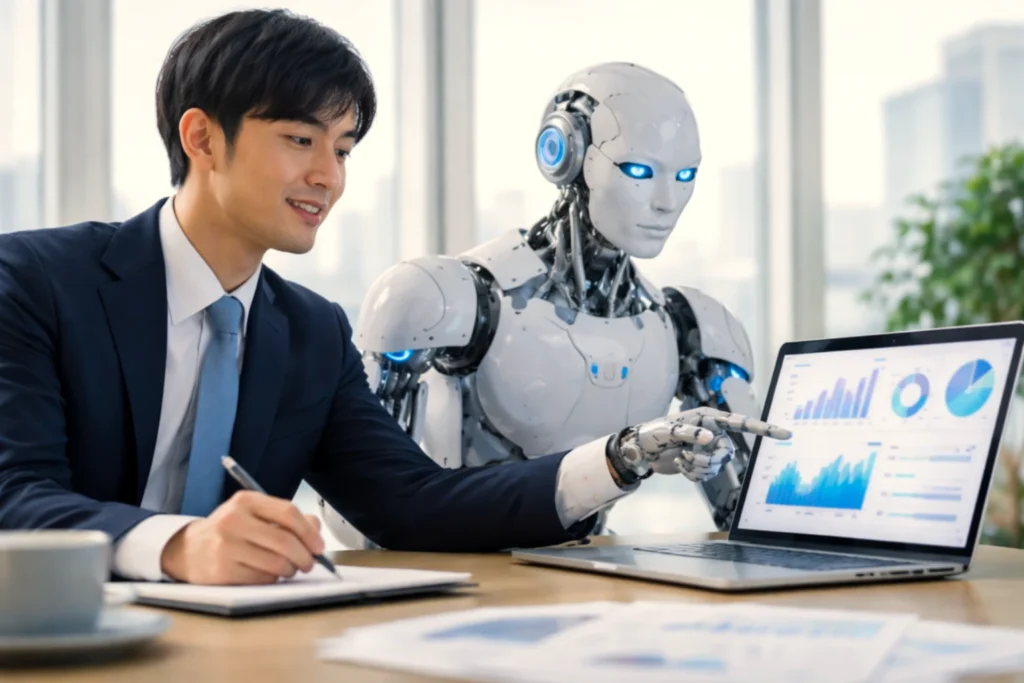 AIを活用して業務効率を高める、日本人ビジネスパーソンと人型AIの協働イメージ