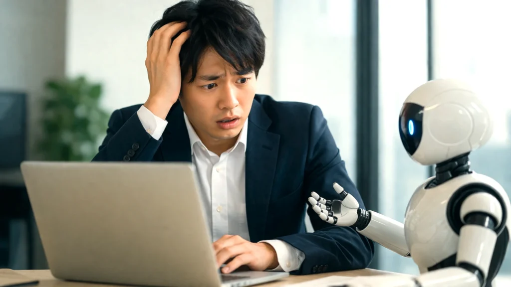 AIの回答に戸惑いながらノートPCを操作する日本人ビジネスマンと人型ロボット