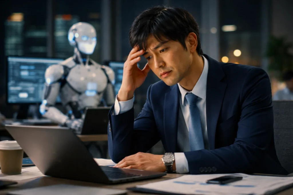 AI時代の雇用と年収の変化に不安を抱える日本人ビジネスパーソンのイメージ