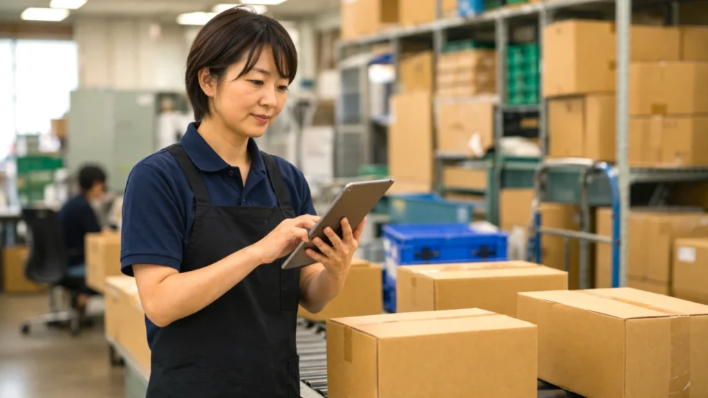倉庫でタブレットを使い、在庫や出荷業務の効率化を進める担当者の様子