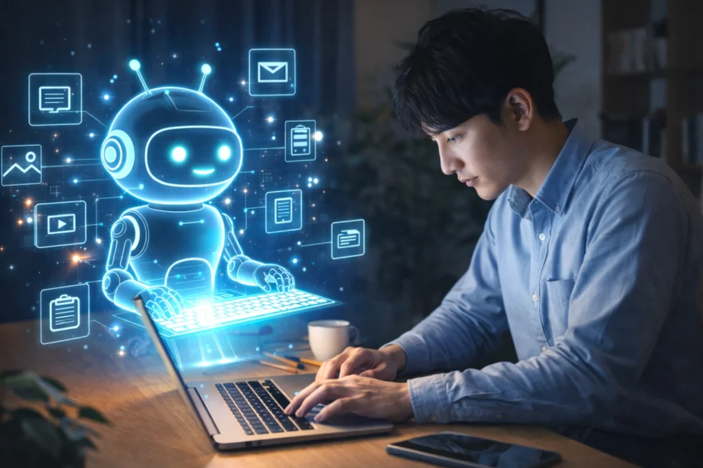 自宅のデスクでノートパソコンを使い、AIの支援を受けながらひとりで作業を進める日本人男性