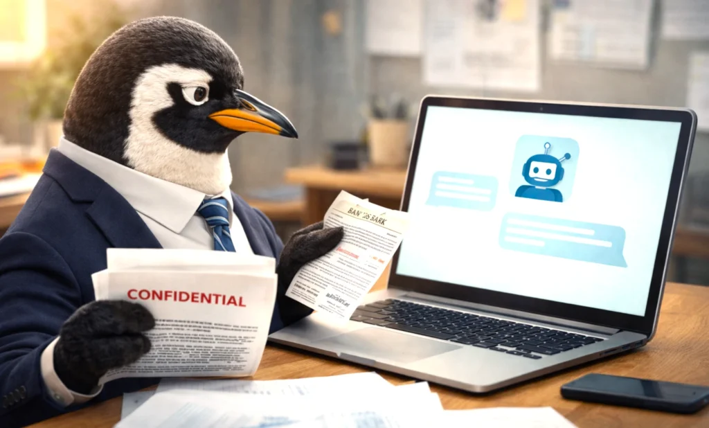 機密書類を手にしながらノートPCを操作し、生成AIへの入力内容に注意が向いていない風景