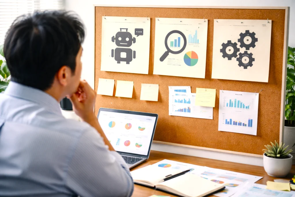 AIツールの比較基準を整理するために、資料や図を見ながら検討している中小企業の担当者