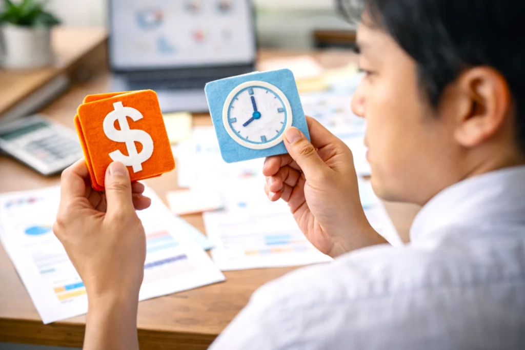 AIツール導入の費用対効果を考えるために、資料を見ながらコストと業務時間のバランスを検討している中小企業の担当者