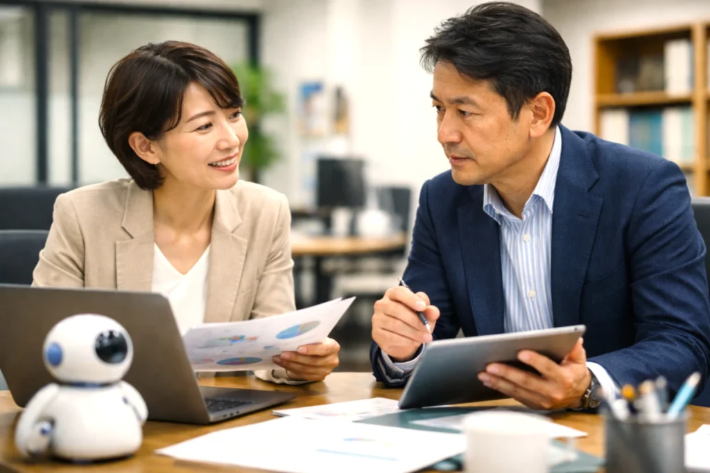 中小企業の男女経営者が、パソコンや資料を見ながらAIの活用事例について打ち合わせしている様子