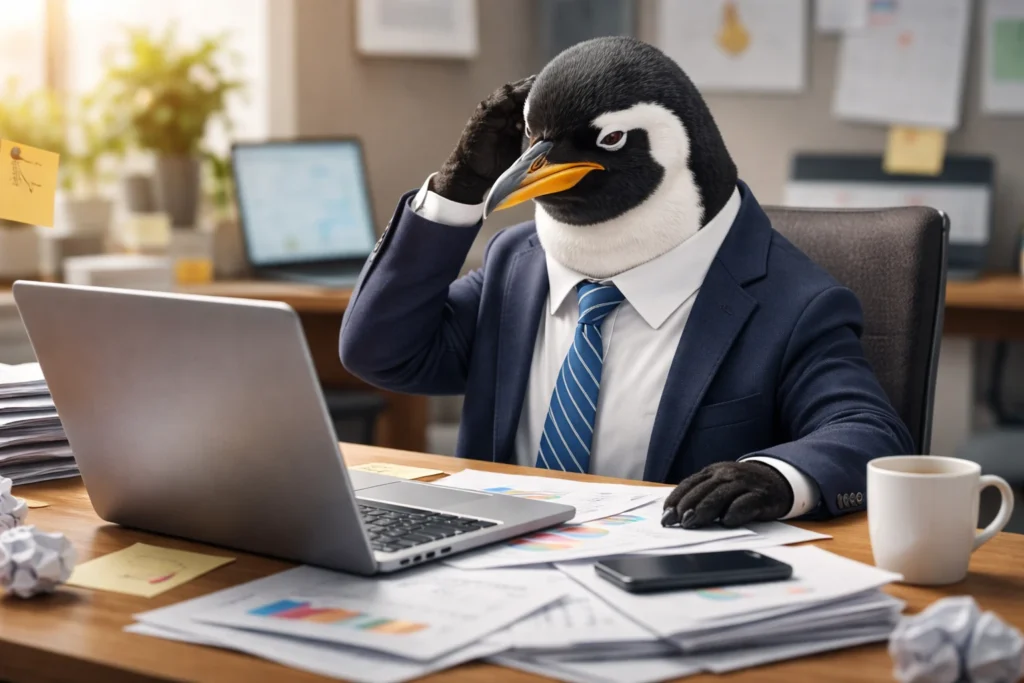 生成AI導入の準備不足に悩み、オフィスでノートPCを前に頭を抱えるスーツ姿の擬人化ペンギン
