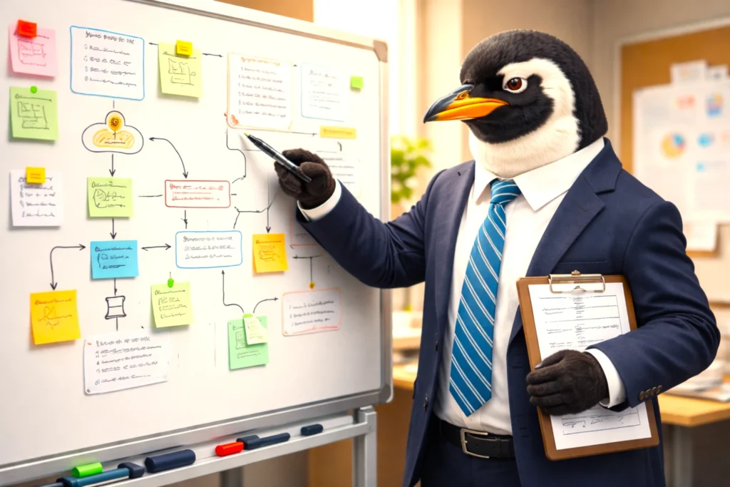 生成AIの運用ルールを整理するため、オフィスでホワイトボードを使って確認体制を整えるスーツ姿の擬人化ペンギン