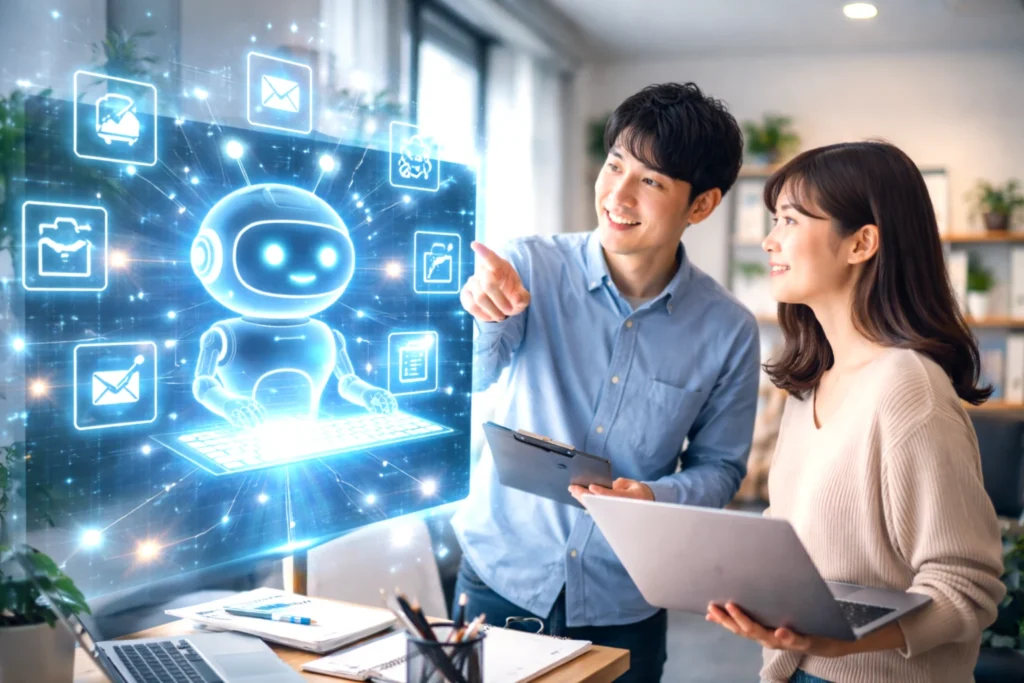 オフィスで日本人社員がAIを活用しながら、業務効率化の導入手順と運用ルールを確認している