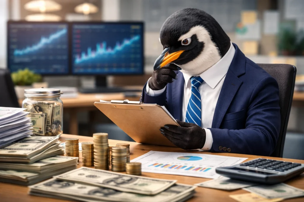 生成AIへの投資判断に迷い、費用対効果や収益化の難しさを前に立ち止まる擬人化ペンギン