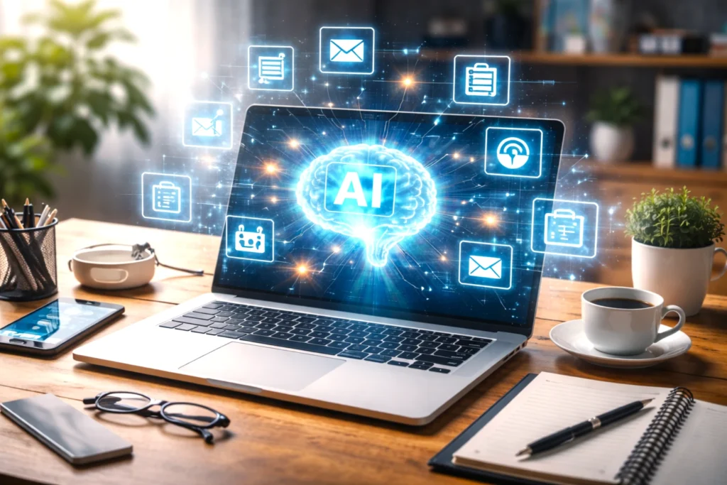 ノートパソコンの周囲にAI活用を連想させる光の演出が広がり、業務効率化ツールの活用イメージ