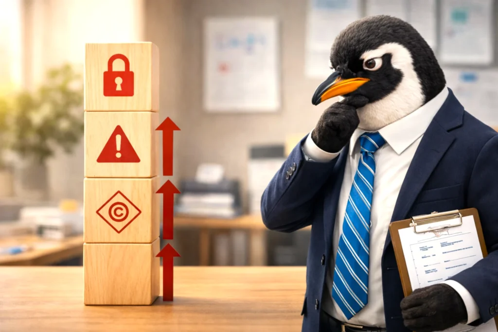 生成AIのリスク対策を優先順位で整理するため、オフィスで重大度の違う積み木を見比べるスーツ姿の擬人化ペンギン