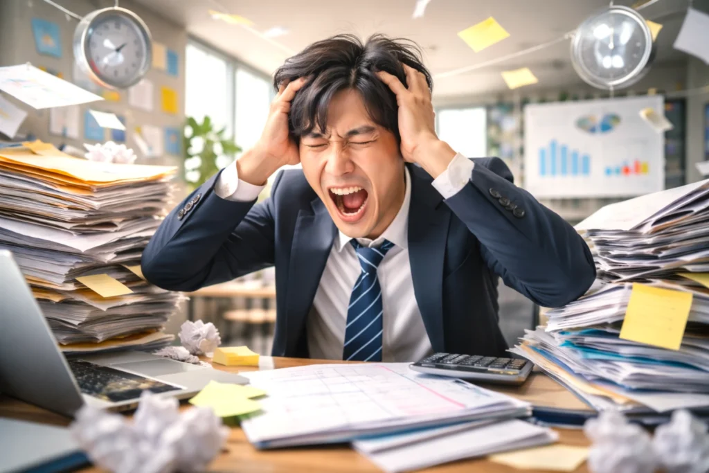 書類に囲まれたオフィスで、業務の多さに頭を抱えて叫ぶ日本人男性会社員