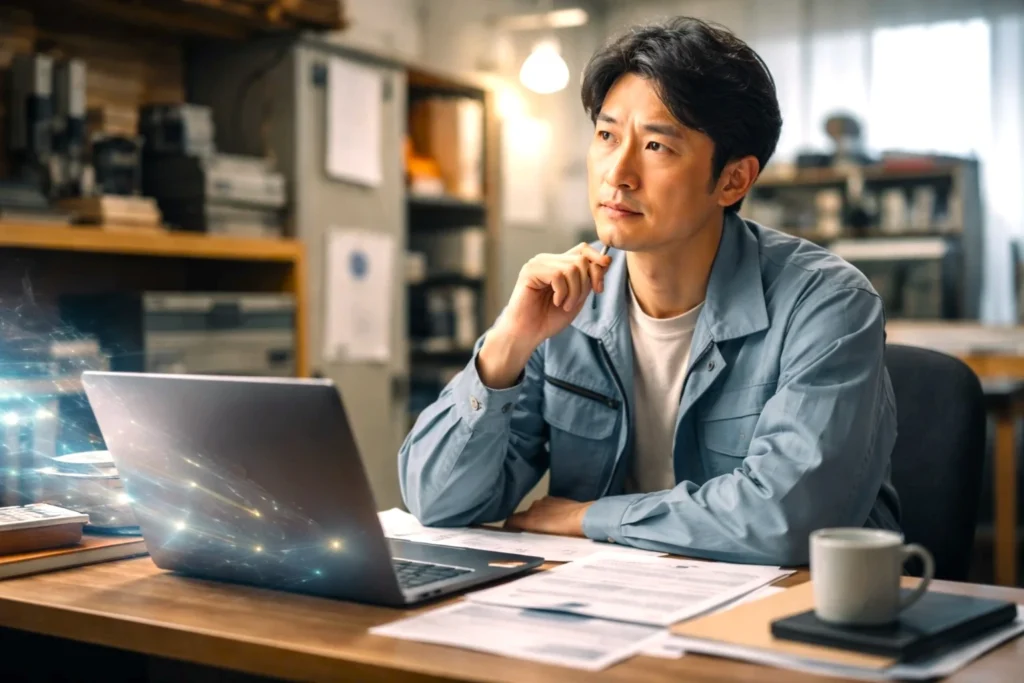 中小企業がAI導入を検討する前に、製造現場の課題とデジタル活用の必要性を見極めるイメージ