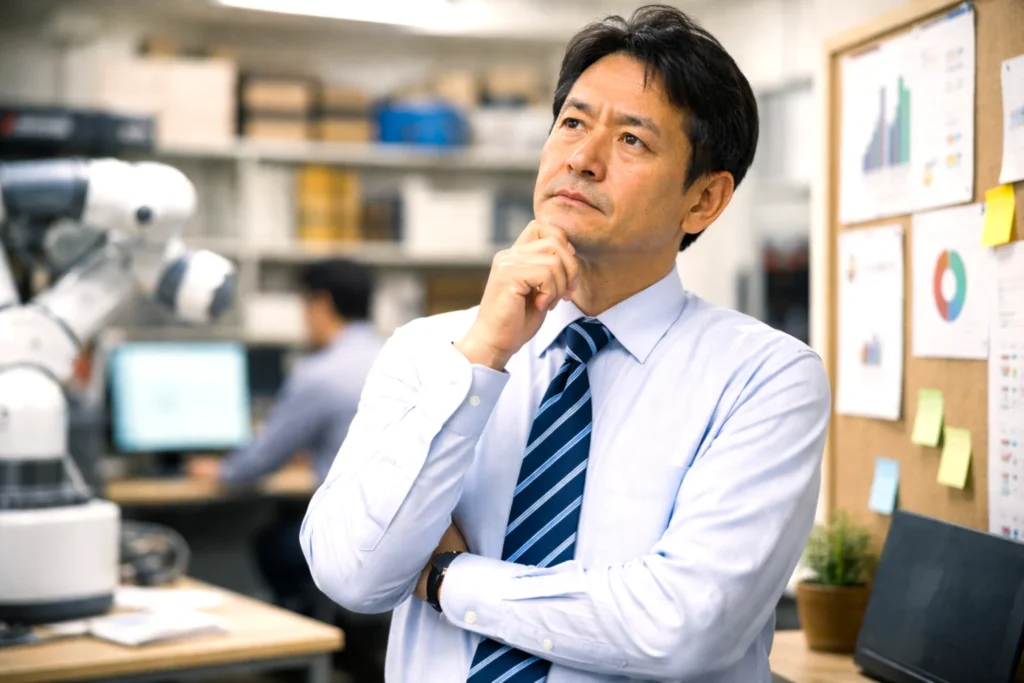 中小企業の経営課題を踏まえ、AI導入の必要性を考える日本人ビジネスパーソンの様子