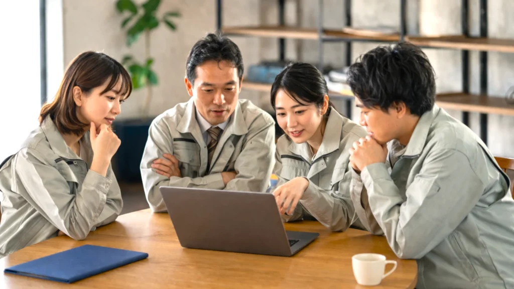 中小企業の担当者たちがノートPCを囲み、AI導入の試験運用について少人数で確認している様子