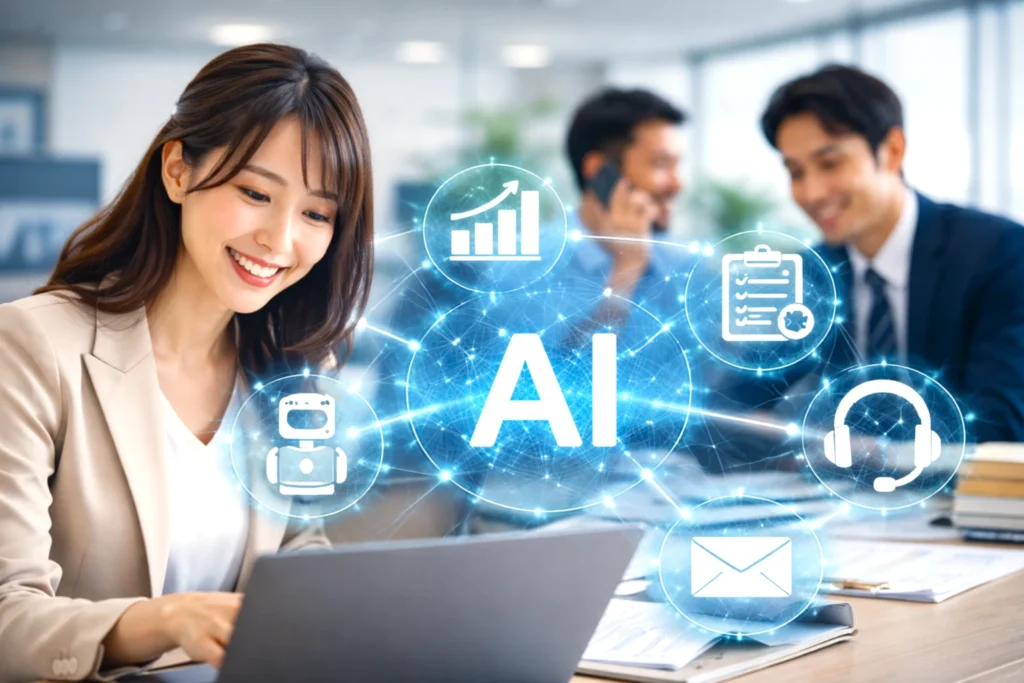 AIを活用して業務効率化や情報整理が進み、働く人の負担軽減と生産性向上が期待できる中小企業のオフィス風景