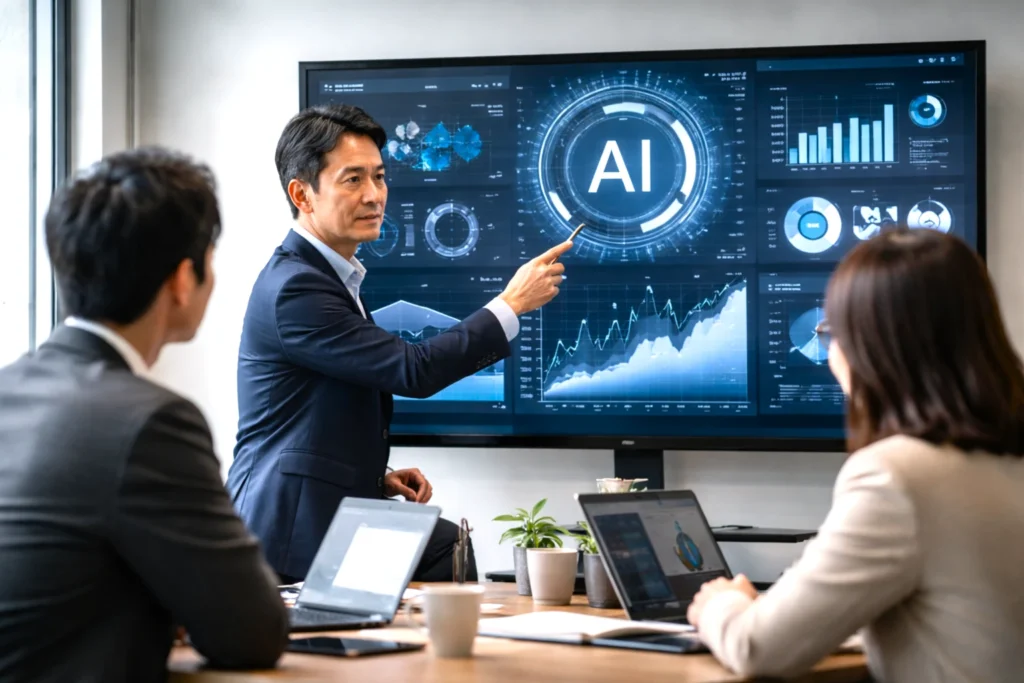 会議室でAI導入の進捗を確認しながら、試験運用から全社定着までの課題を検討する日本人ビジネスチームの様子