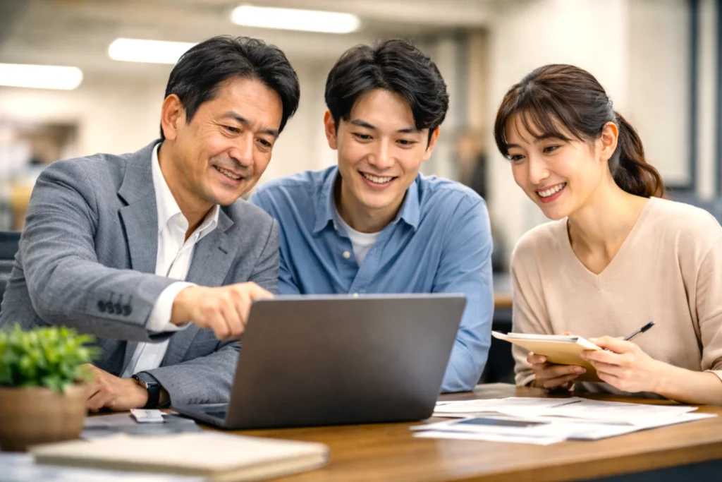 中小企業の担当者たちが、AI活用の進め方をパソコン画面を見ながら社内で確認している様子