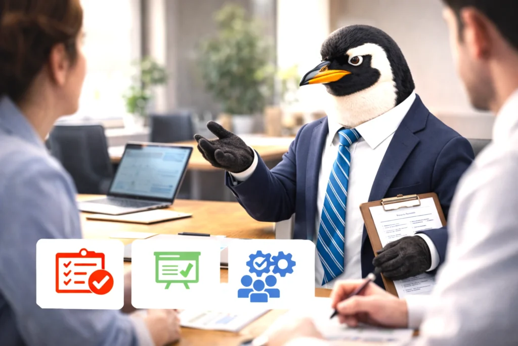 生成AIの社内運用について話し合い、ルール化・教育・役割分担を整えようとするスーツ姿の擬人化ペンギン