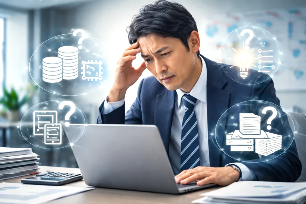 AI導入を検討する中小企業が、費用・人材・活用方法・業務整備の壁に直面して判断に迷うイメージ