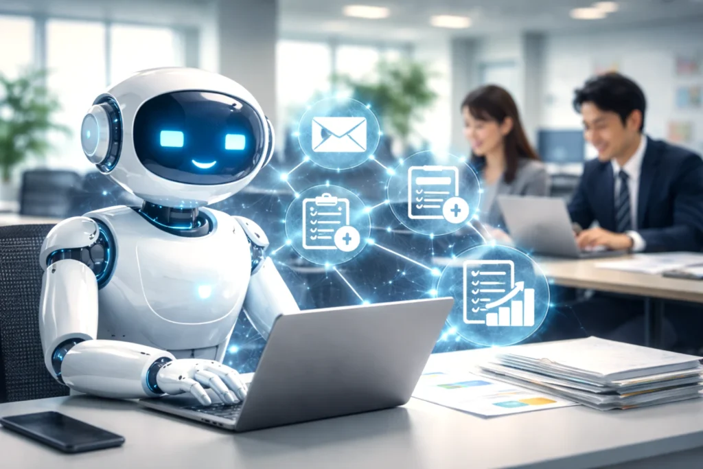 生成AIを使って日常業務の下書きや整理が進み、社内の作業負担が軽くなる企業利用のイメージ