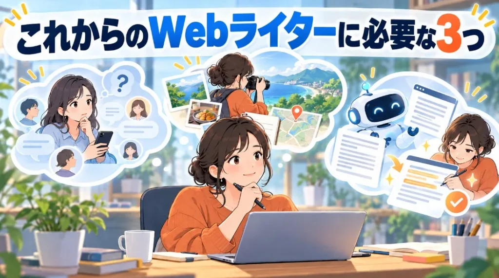 「これからのWebライターに必要な3つ」の見出しと、AI活用や取材を考えるライターのイラスト