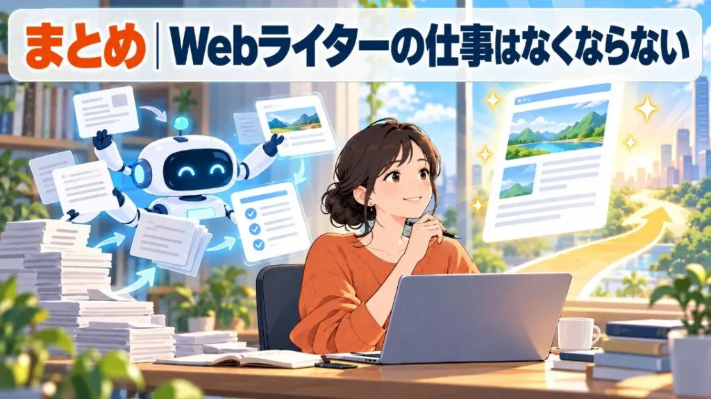 「まとめ Webライターの仕事はなくならない」の見出しと、AIと働くWebライターのイラスト