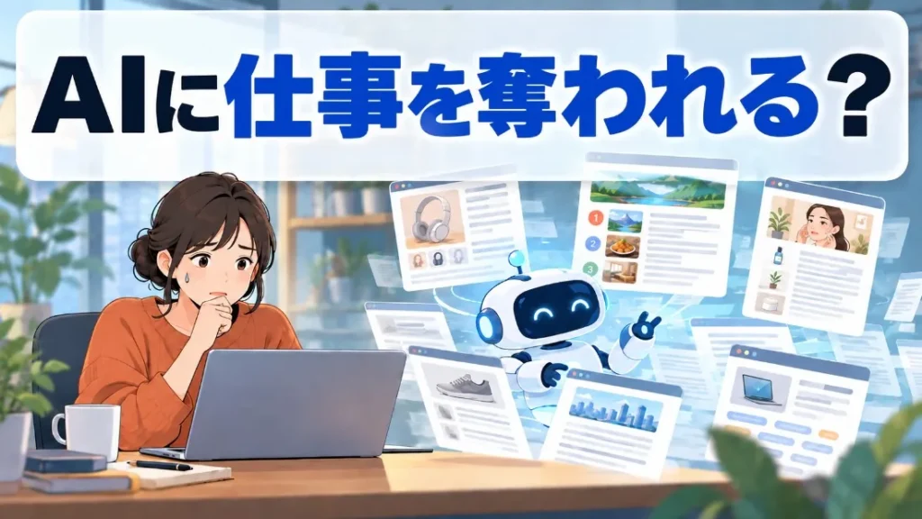 「AIに仕事を奪われる?」の見出しと、AIロボットを見て不安そうにするWebライターのイラスト