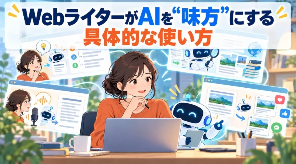 「WebライターがAIを味方にする具体的な使い方」の見出しと、AIと作業するライターのイラスト