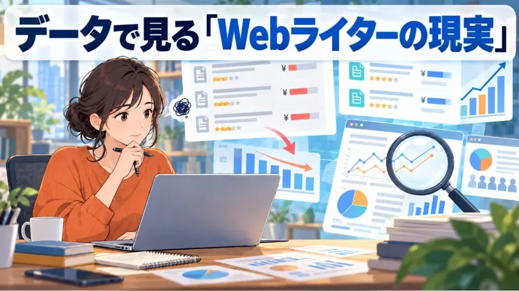 「データで見るWebライターの現実」の見出しと、グラフを分析するWebライターのイラスト