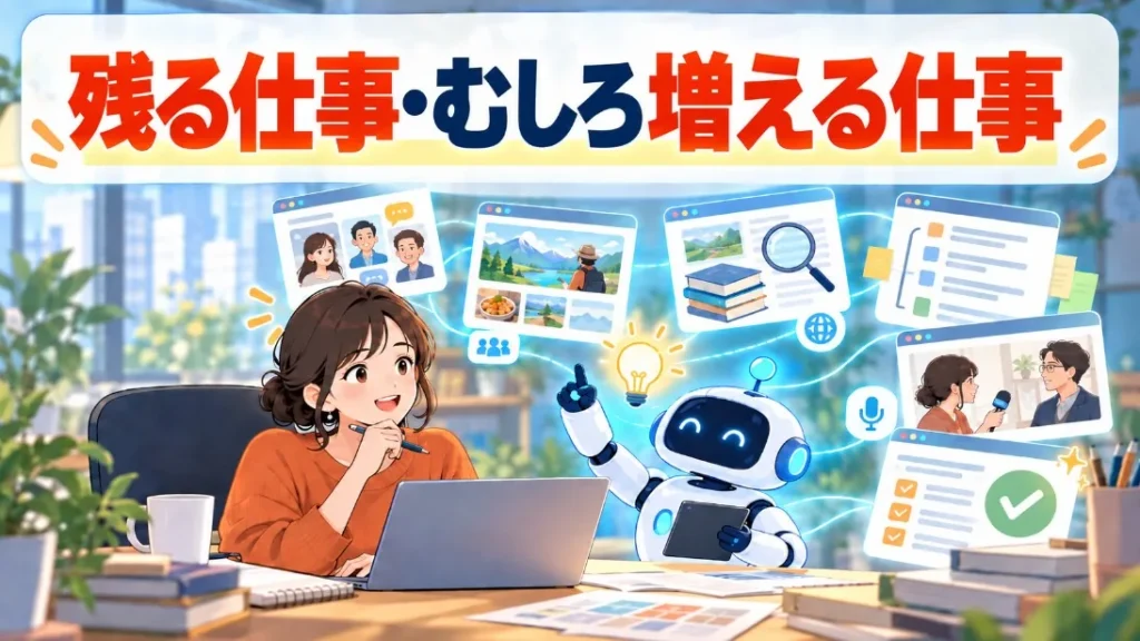 「残る仕事・むしろ増える仕事」の見出しと、AIと仕事をするWebライターのイラスト