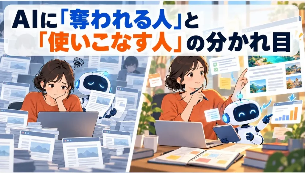 AIに奪われる人と使いこなす人を左右に描いたWebライターのイラスト